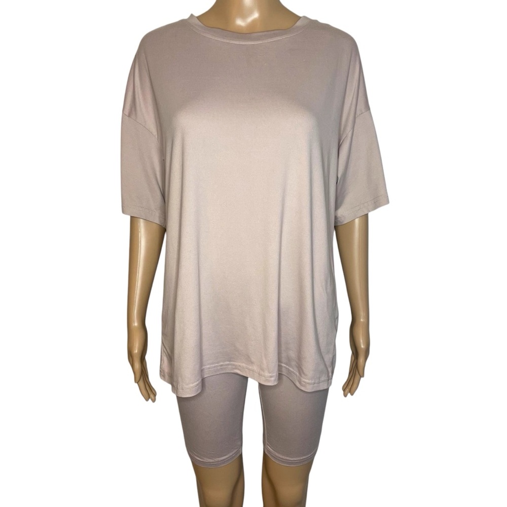 Simplee Solid Beige Super Soft Oversized Crewneck T-Shirt & Biker Shorts Set - Picture 2 of 12
